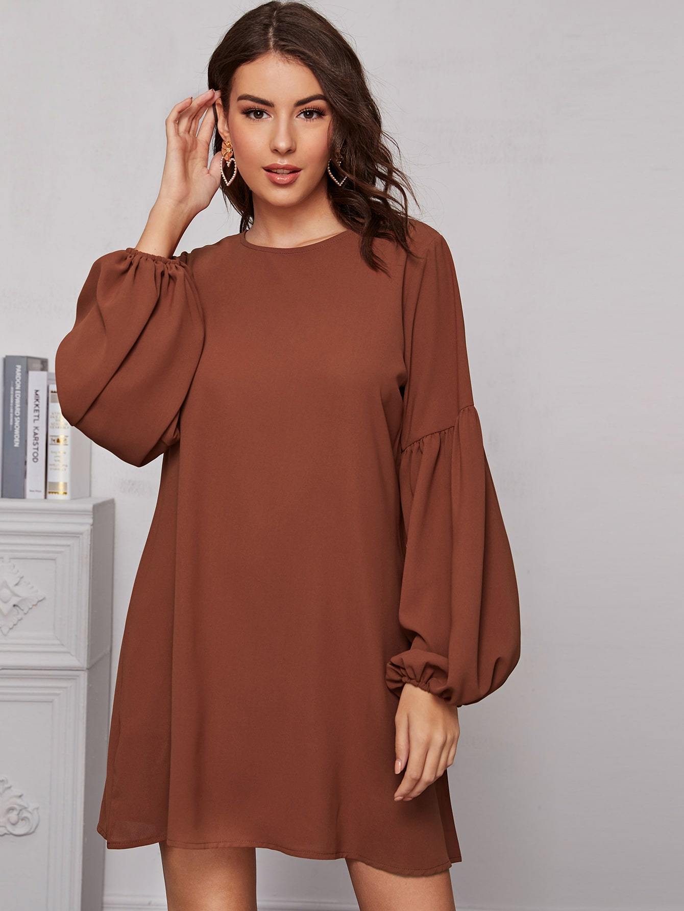 Solid Balloon Sleeve Tunic Dress