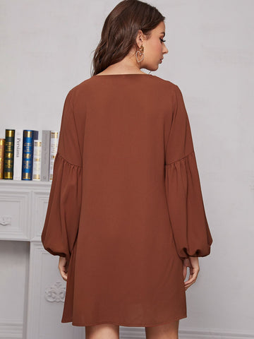 Solid Balloon Sleeve Tunic Dress