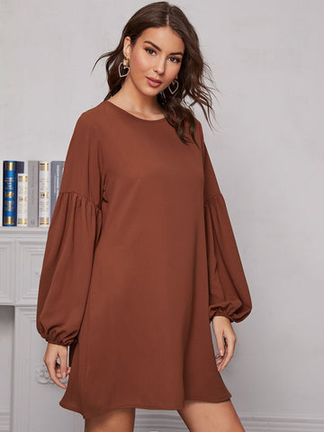 Solid Balloon Sleeve Tunic Dress