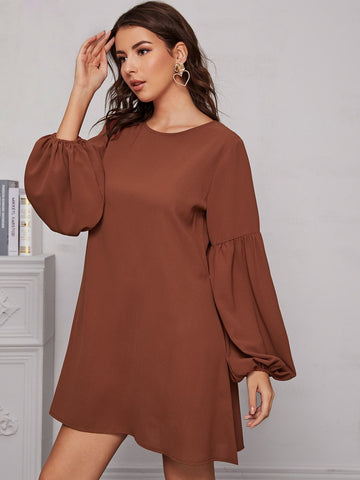 Solid Balloon Sleeve Tunic Dress