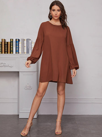 Solid Balloon Sleeve Tunic Dress