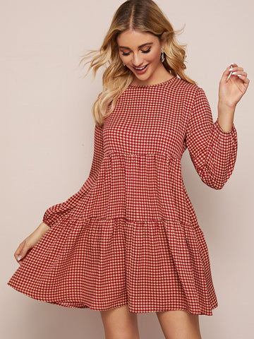 Houndstooth Ruffle Hem Smock Dress