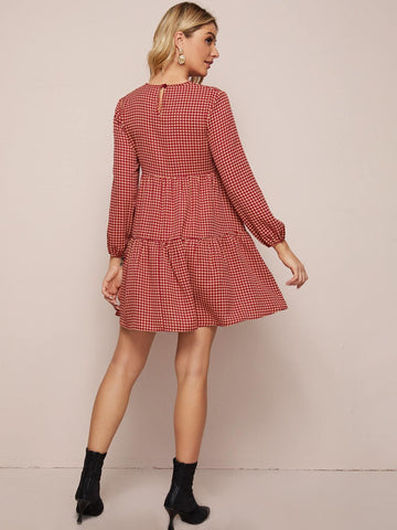 Houndstooth Ruffle Hem Smock Dress