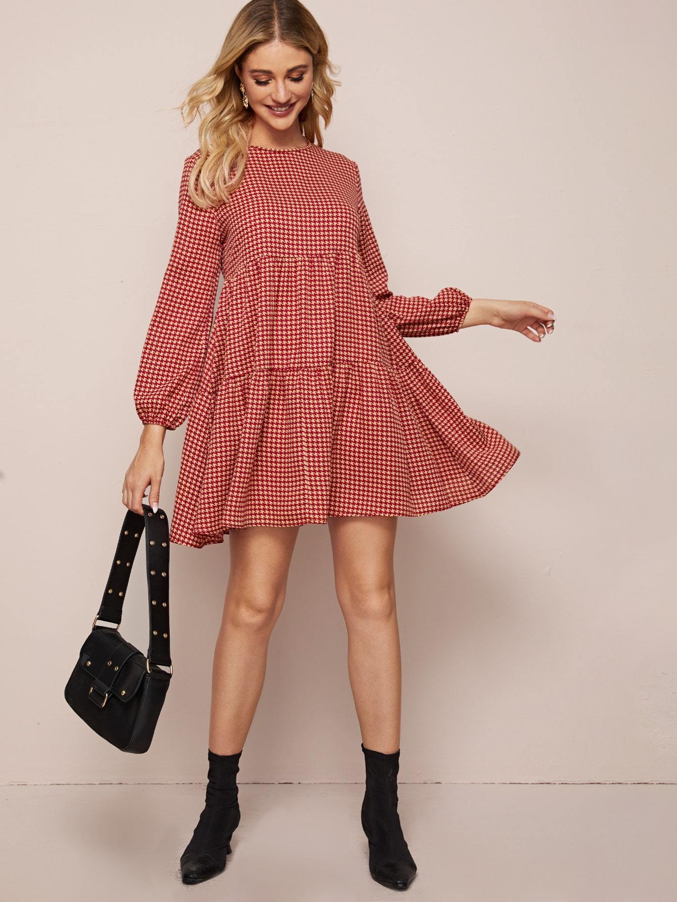 Houndstooth Ruffle Hem Smock Dress