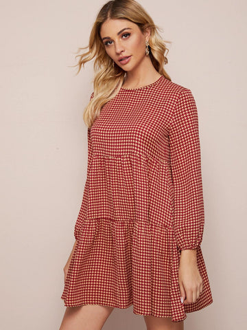 Houndstooth Ruffle Hem Smock Dress