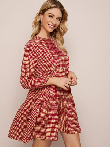 Houndstooth Ruffle Hem Smock Dress