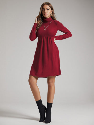 SBetro Solid Funnel Neck A-line Dress