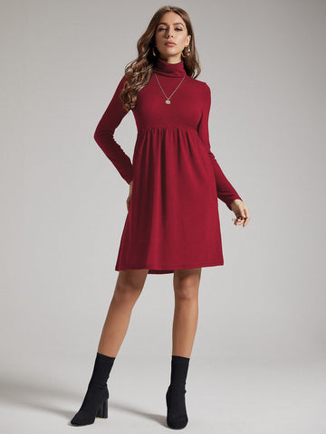 SBetro Solid Funnel Neck A-line Dress