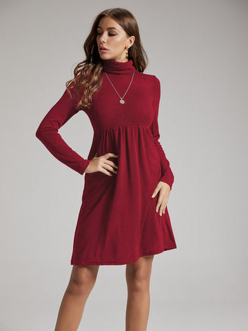 SBetro Solid Funnel Neck A-line Dress