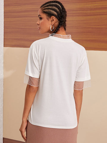 Figure Print Contrast Mesh Tee