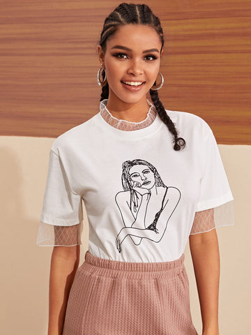 Figure Print Contrast Mesh Tee