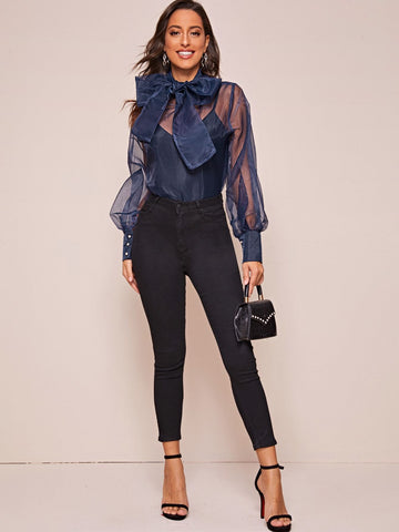 Tie Neck Blouson Sleeve Sheer Organza Blouse