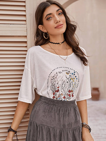 Letter & Floral Print Tee