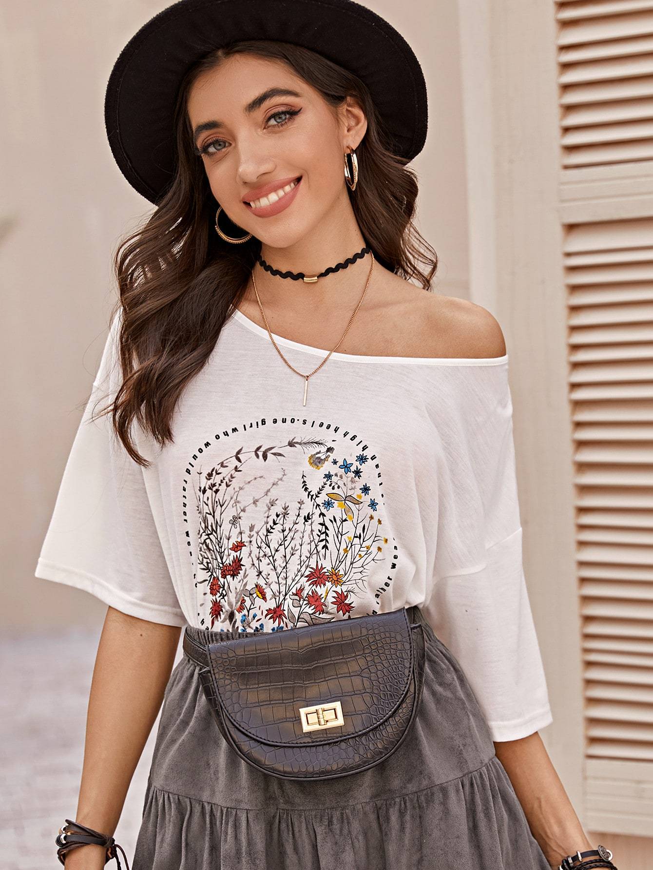 Letter & Floral Print Tee