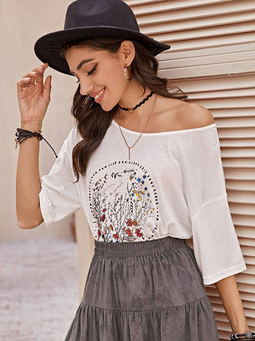 Letter & Floral Print Tee