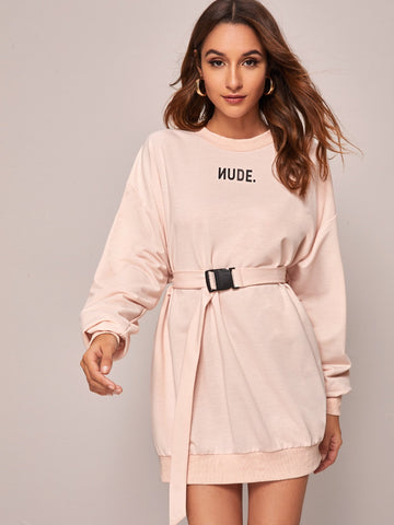 Buckle Belted Letter Graphic Sweatshirt Dress