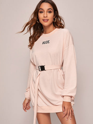 Buckle Belted Letter Graphic Sweatshirt Dress