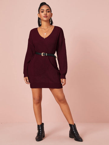 Drop Shoulder Solid Jumper Dress Without Belt