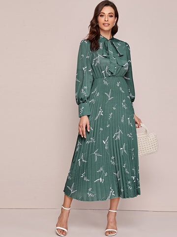 Plants Print Tie Neck Pleated Hem Dress