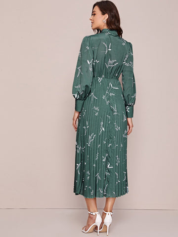 Plants Print Tie Neck Pleated Hem Dress