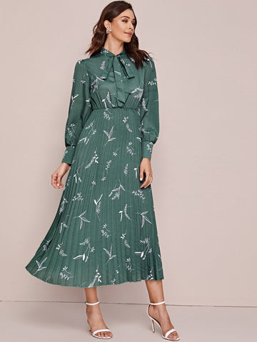 Plants Print Tie Neck Pleated Hem Dress