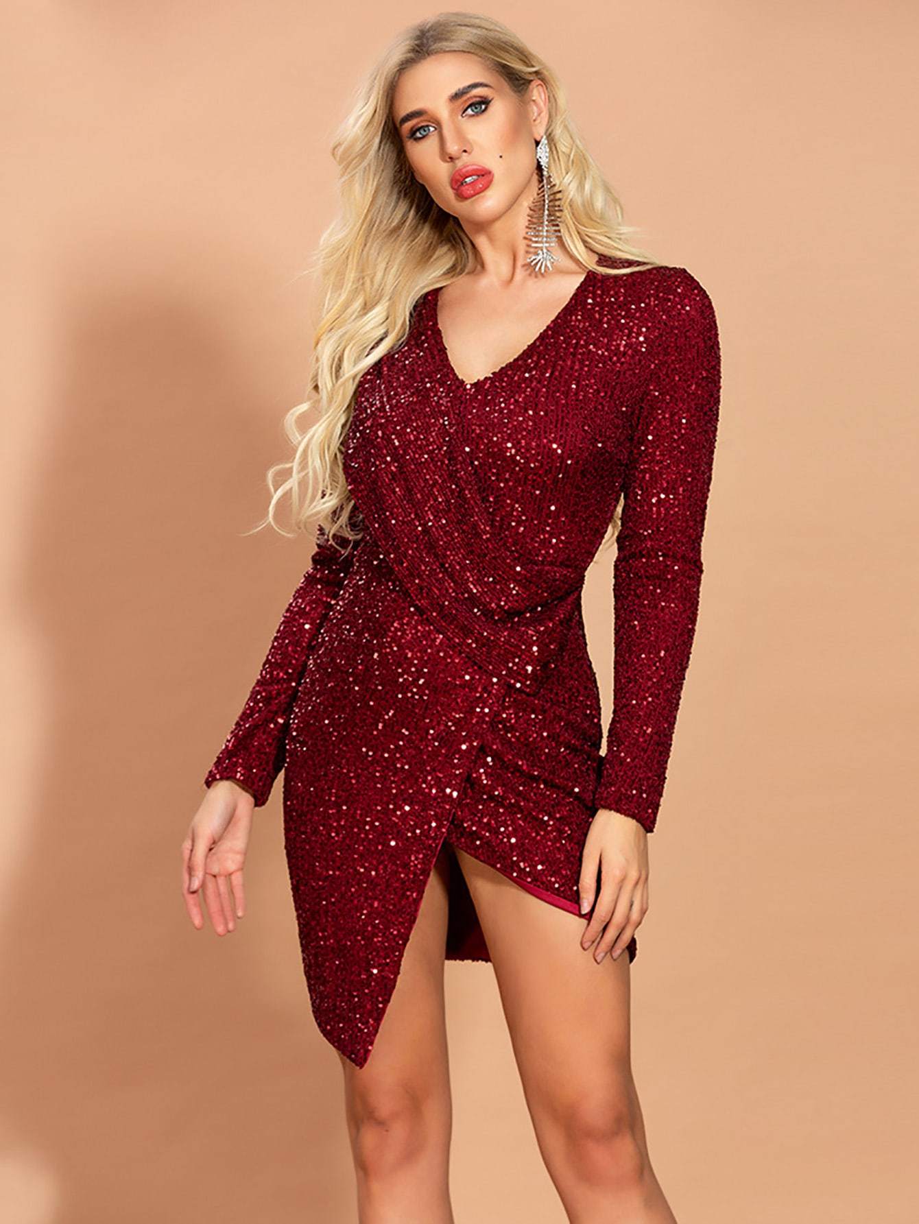 Missord Draped Wrap Asymmetrical Hem Sequin Dress