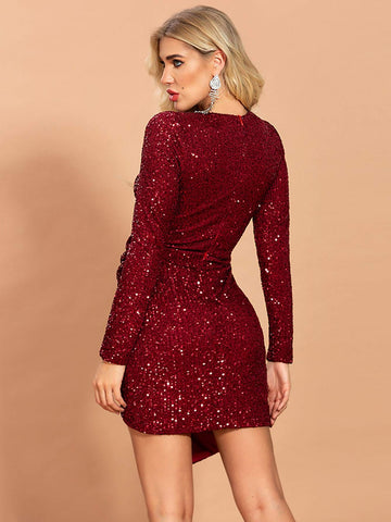 Missord Draped Wrap Asymmetrical Hem Sequin Dress