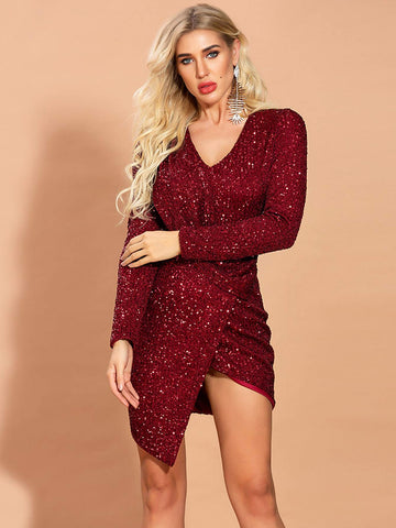 Missord Draped Wrap Asymmetrical Hem Sequin Dress