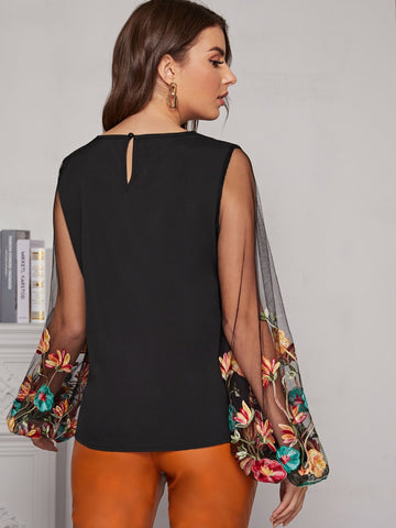 Embroidered Mesh Sleeve Keyhole Back Blouse