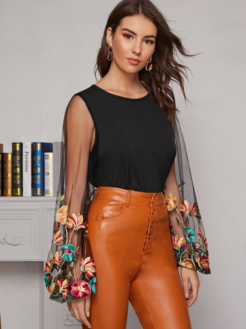Embroidered Mesh Sleeve Keyhole Back Blouse