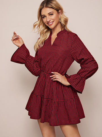 Gingham Flounce Sleeve Swing Ruffle Hem Dress