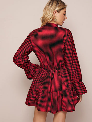 Gingham Flounce Sleeve Swing Ruffle Hem Dress