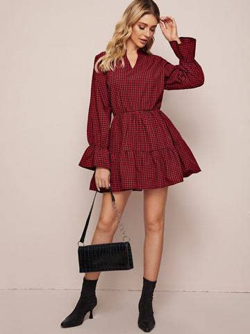 Gingham Flounce Sleeve Swing Ruffle Hem Dress