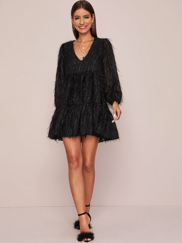 Solid V-Neck Shaggy Dress