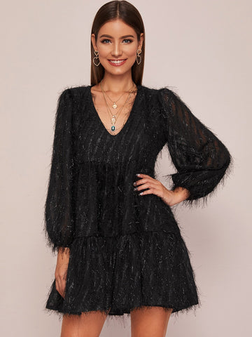 Solid V-Neck Shaggy Dress