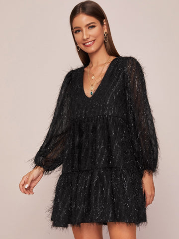 Solid V-Neck Shaggy Dress