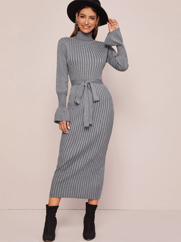 Solid Turtleneck Belted Jumper Dress