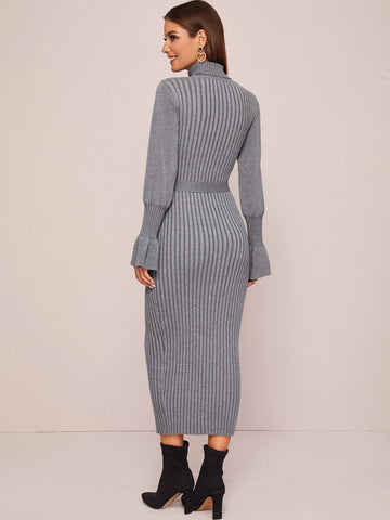 Solid Turtleneck Belted Jumper Dress
