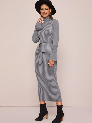 Solid Turtleneck Belted Jumper Dress