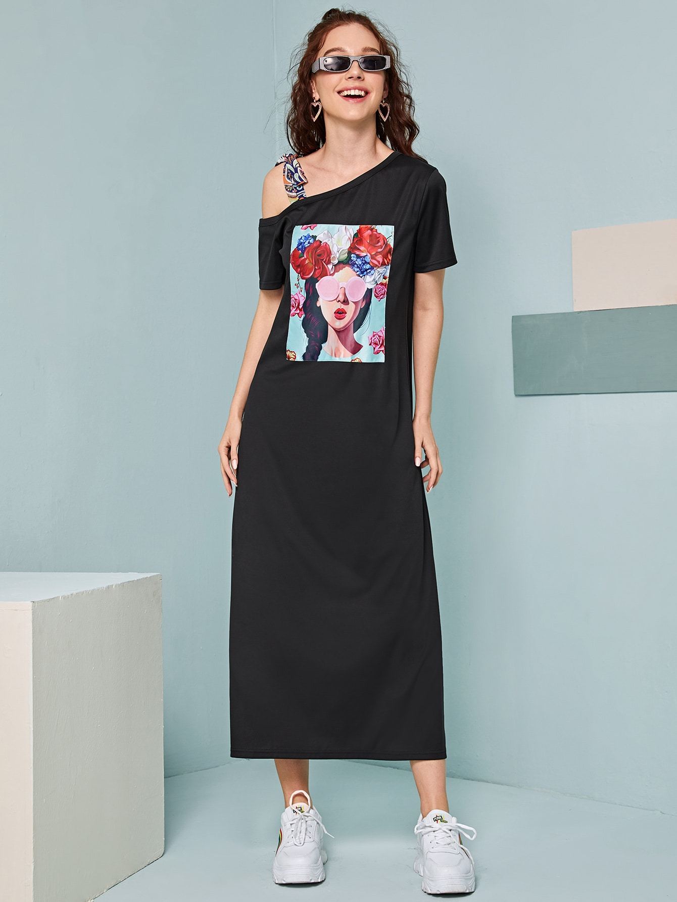 Asymmetrical Neck Figure Graphic Tee Dress