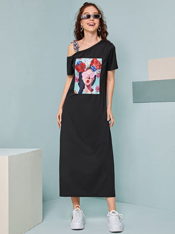 Asymmetrical Neck Figure Graphic Tee Dress