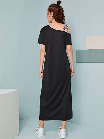 Asymmetrical Neck Figure Graphic Tee Dress