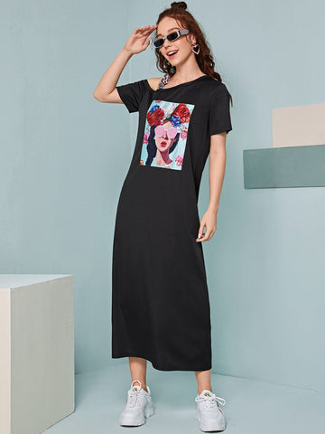 Asymmetrical Neck Figure Graphic Tee Dress