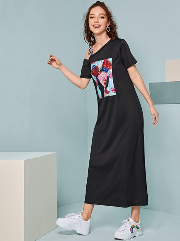 Asymmetrical Neck Figure Graphic Tee Dress