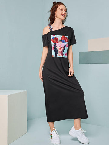 Asymmetrical Neck Figure Graphic Tee Dress