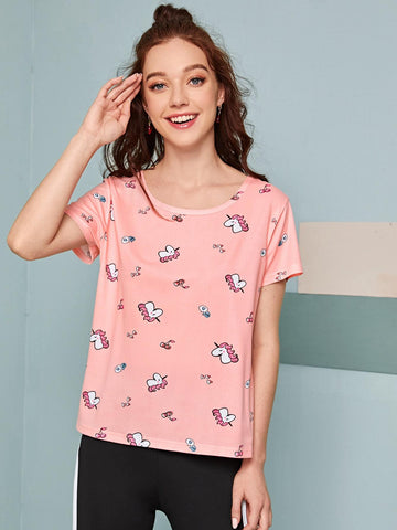Unicorn Print Round Neck Tee