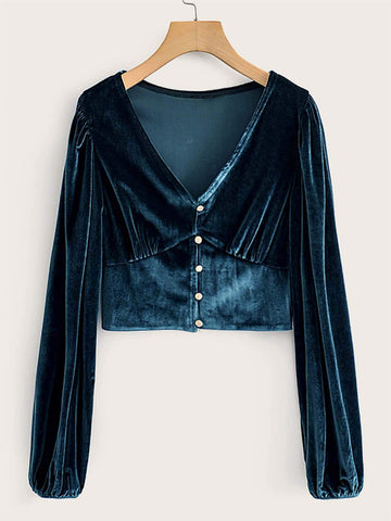 V-Neck Button Front Velvet Crop Tee