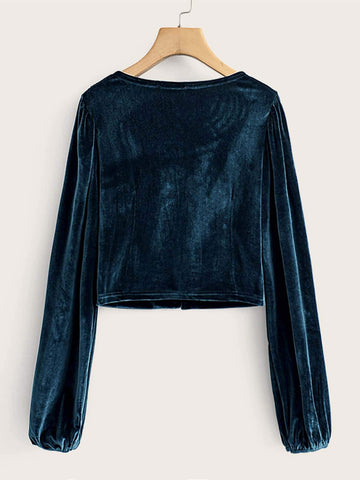 V-Neck Button Front Velvet Crop Tee