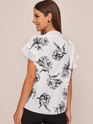 Floral Print Tie Neck Blouse