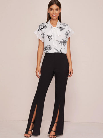 Floral Print Tie Neck Blouse